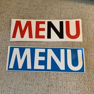 MENU Red and Blue Small stickers. SZ 2 in x 5 inch